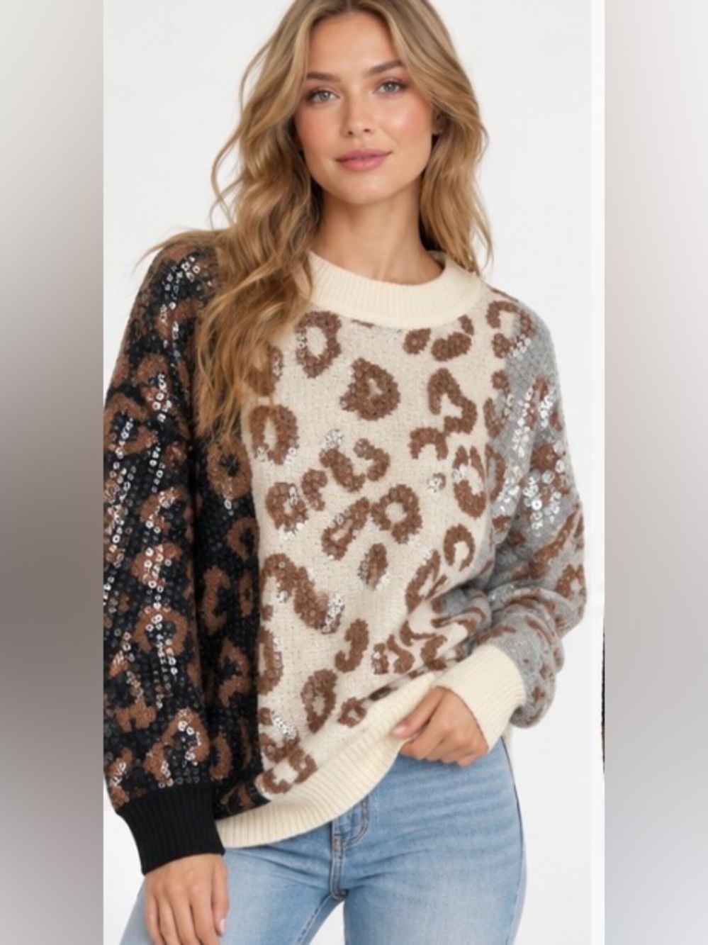 Entro Leopard Sequin Colorblock Oversized Sweater S NWT